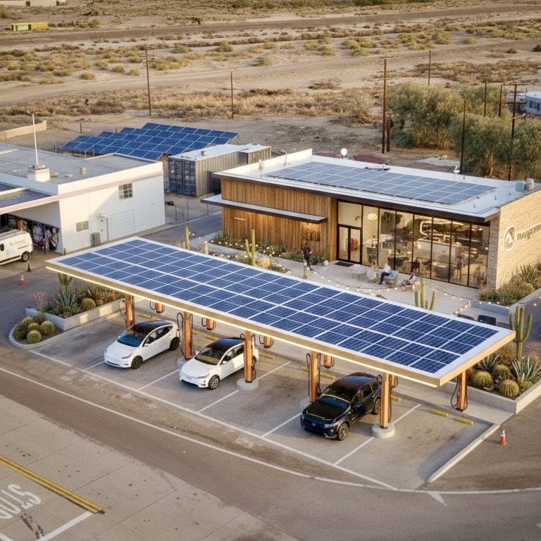 Baker Basecamp - Architectural rendering showing climate-controlled lounge and ultra-fast charging stations